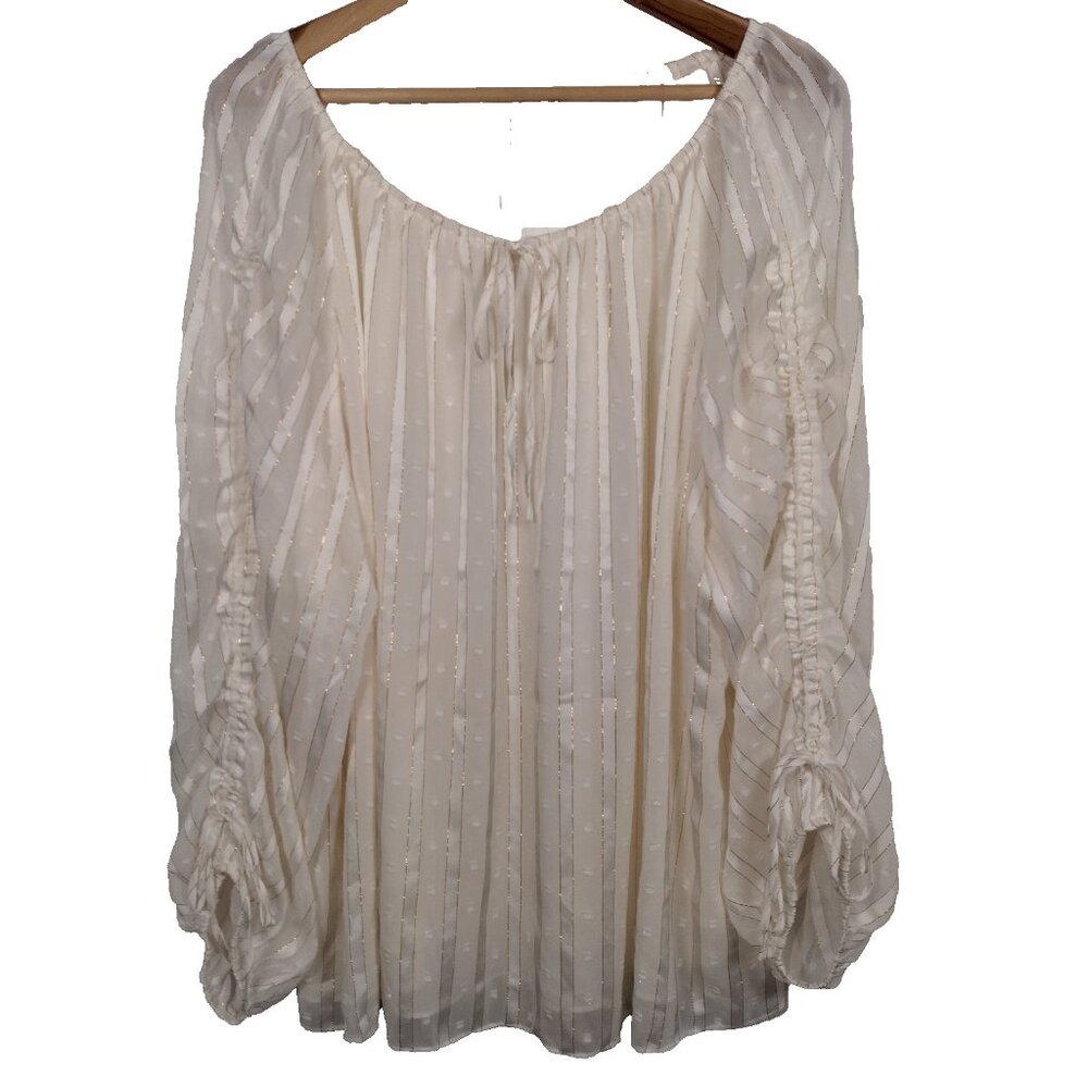 Cato Peasant Blouse Shirt Plus Size 22/24 Ivory Sheer Gold Metallic Renaissance